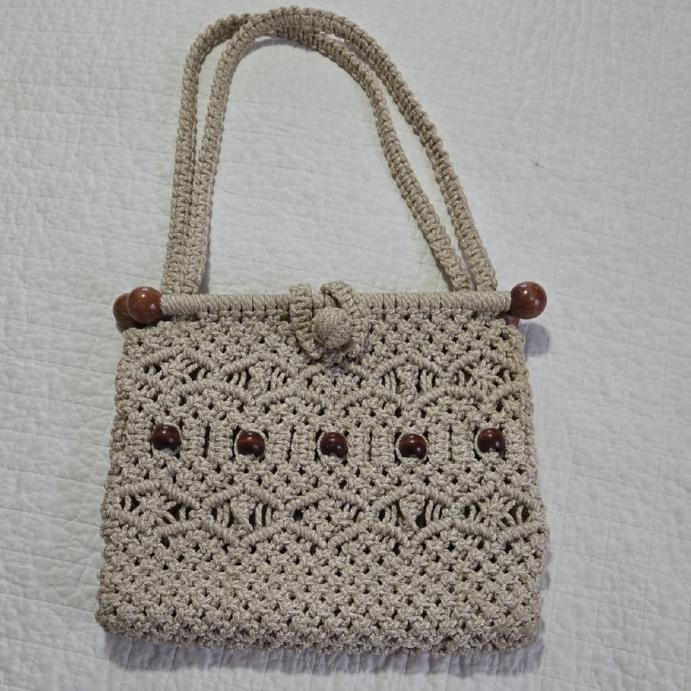 Handcrafted Beige Crochet Macrame Shoulder Bag with Wooden Beads Boho